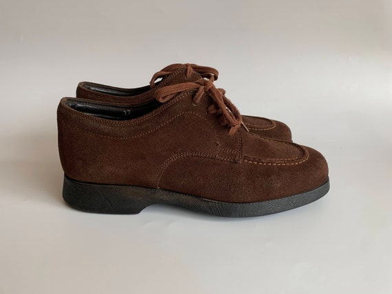 Vintage Lace Up Loafers for Women Size 37 US 6, UK 4, Suede Leather Oxford Shoes, Brown Leather Moccasins, 90s Italian Tie Up Slip On Flats