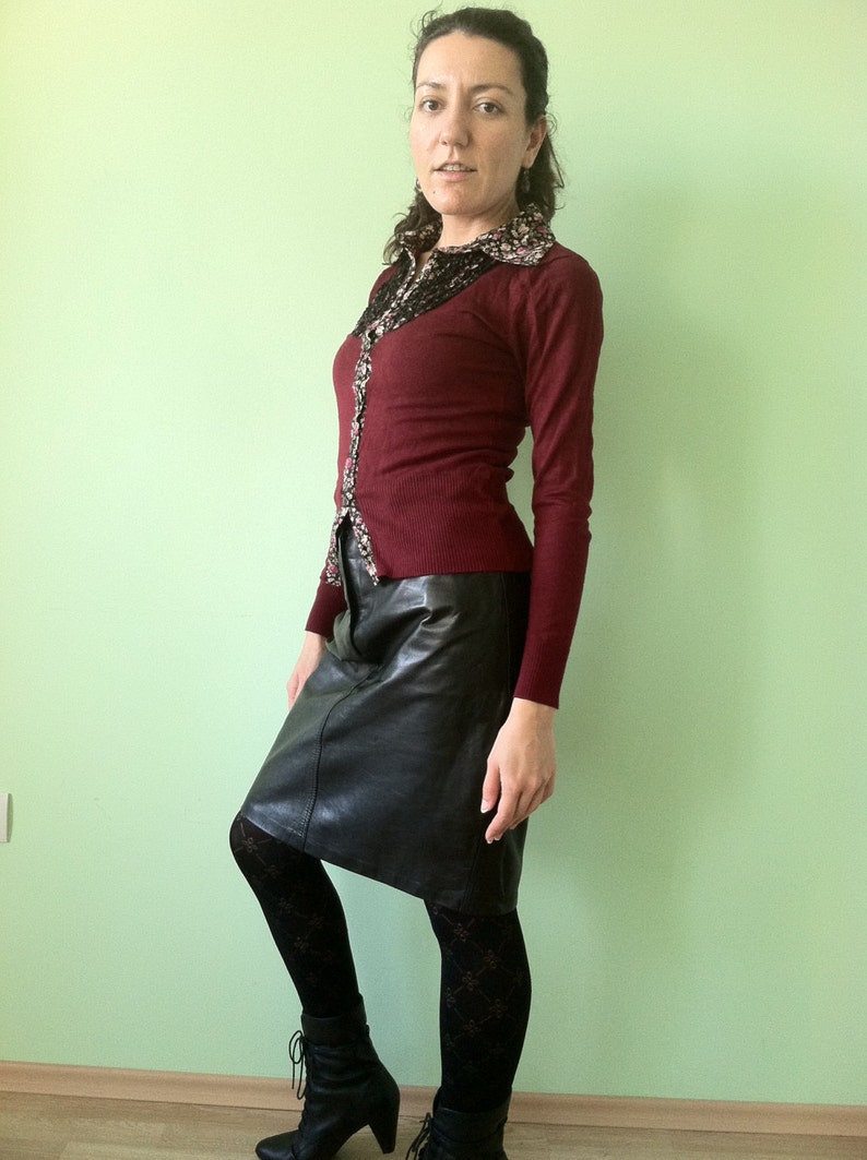 Vintage 80s Moschino Black Leather Skirt, Above the Knee Italian Leather Pencil Skirt, High Waist Wiggle Sexy Secretary Skirt Size M Medium image 5
