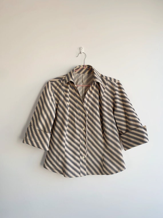 Vintage 90s Cotton Button Up Shirt For Women Size M L, Beige Half Sleeve Preppy Retro Shirt Top, Notched Collar Shirt With Diagonal Stripes