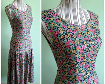 Robe ample au dos en V, robe sans manches mi-longue taille basse, robe florale vintage des années 60 et 70, robe d'été en coton pour femme, taille XS S