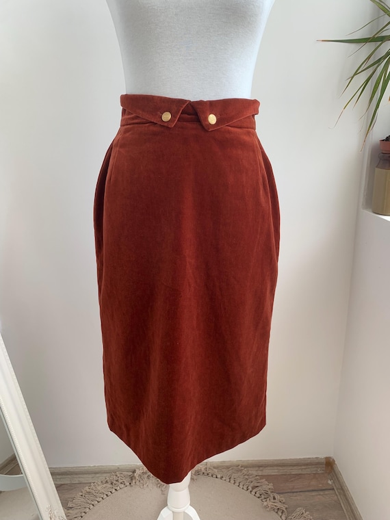 Vintage Rust Brown Cotton Corduroy Midi Skirt for Women Size S, Burnt Orange High Waist Velvet Skirt, Below The Knee Straight Pencil Skirt