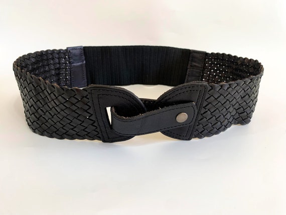 Vintage 90s Elastic Black Cinch Belt, Woven Leath… - image 1
