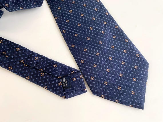 Vintage Italian Pure Silk Necktie for Men, Navy Blue Camel Silk Tie, Classic Medallion Print 100% Silk Neck Tie, Business Formal Suit Tie