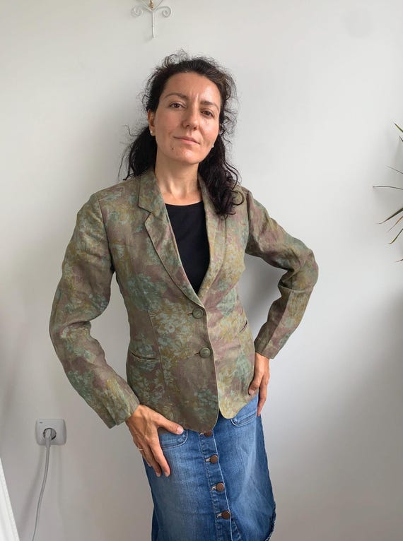 Vintage Floral Linen Blazer, Women's Earth Tone Floral Jacket, Retro Print Single-Breasted Suit Jacket, Light Unlined Fall Outerwear Size S