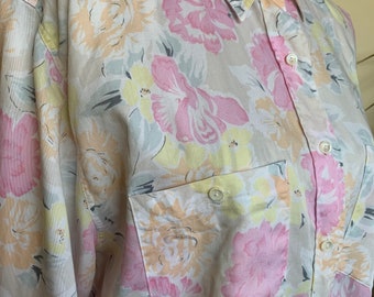 Floral Button up Shirt for Women Size L XL, Vintage 80s Loose Fit