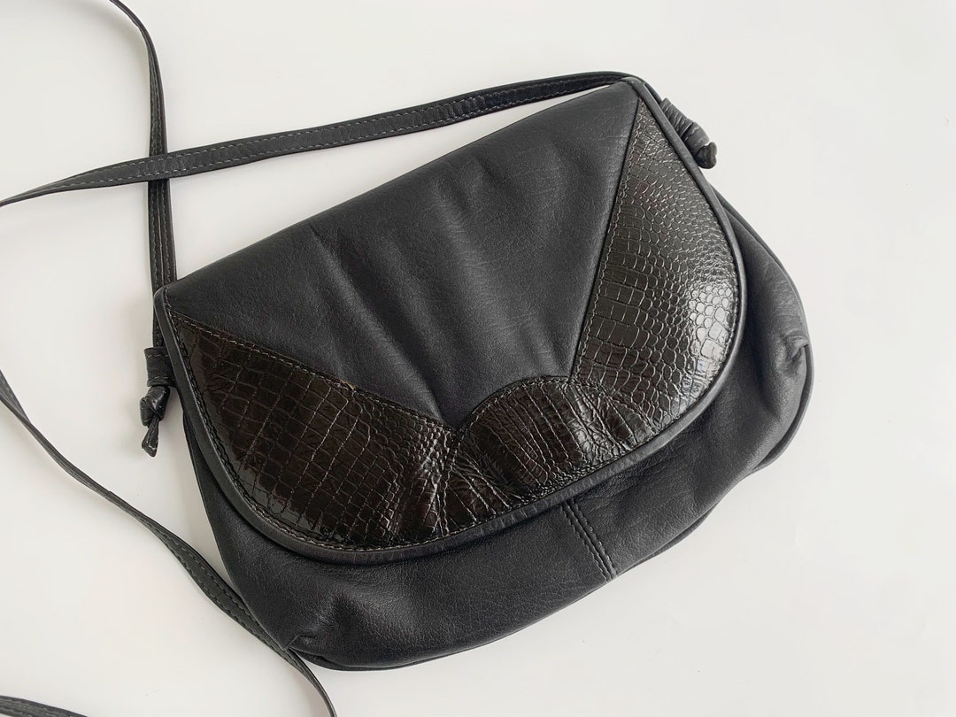 Vintage 80s Black Leather Crossbody Bag, Small Envelope Purse
