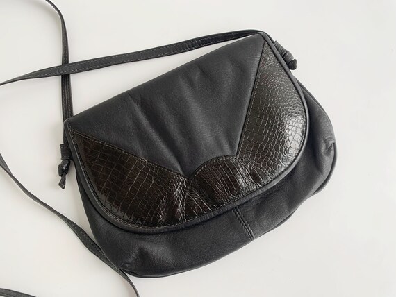 Vintage 80s Black Leather Crossbody Bag, Small Envelope Purse, Soft Leather Messenger Bag, Patent Genuine Leather Handbag, Satchel Purse