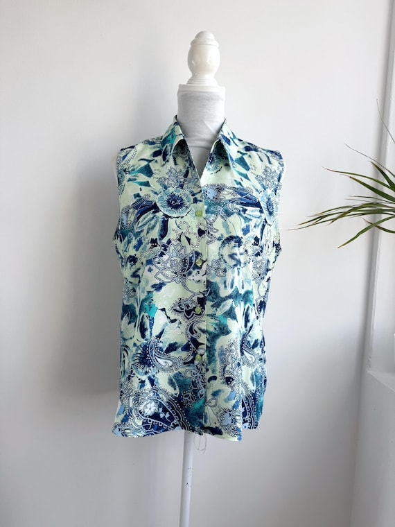 Vintage 90s Sleeveless Viscose Blouse Blue Green Paisley Floral Button Front Shirt Boho Summer Top Women Size L