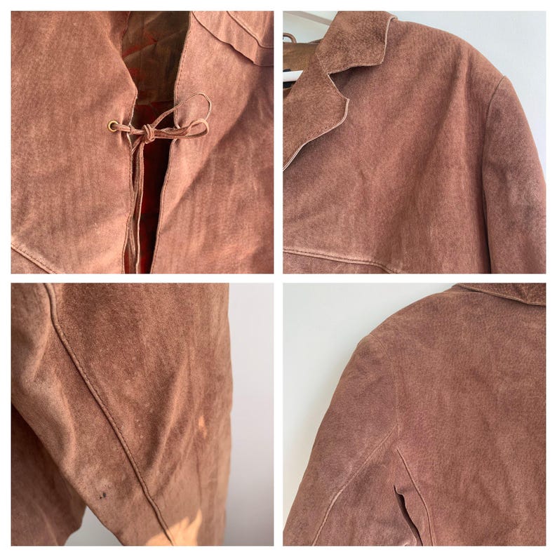 May include: A brown suede jacket with a tie closure at the neck. The jacket has a collar and long sleeves.