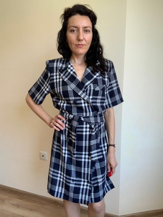 Vintage 90s Checkered Button Up Dress with Tie Be… - image 3