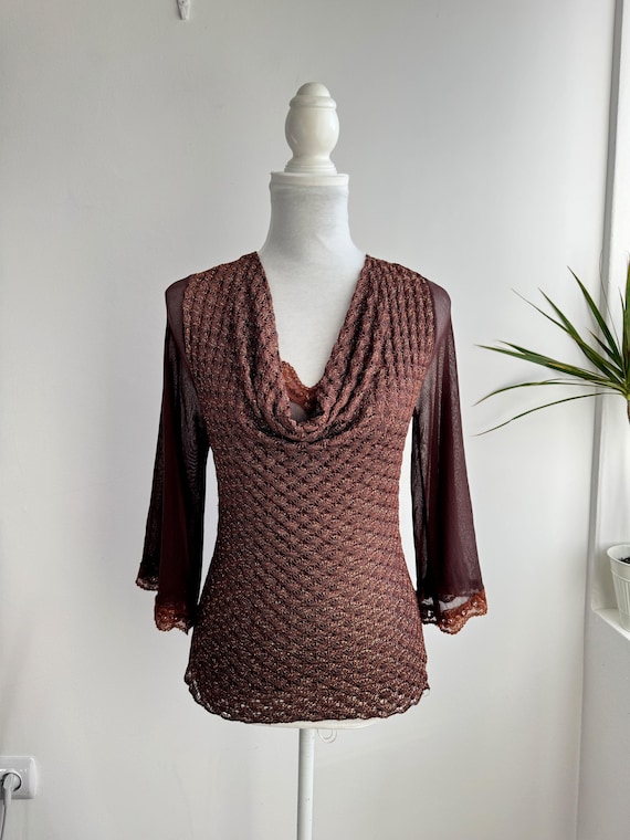Vintage Amanda Paris Metallic Lace Knit Top S/M, 90s Brown Shimmer Cowl Neck Blouse, Sheer Mesh Bell Sleeves French Designer Party Shirt