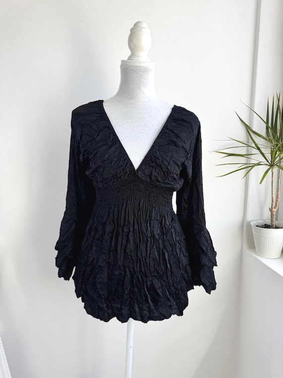Vintage Black Crinkle Silk Blouse Made in Italy, Deep V-Neck Bell Sleeve Smocked Waist Boho Top, 90s Gothic Bohemian Fashion