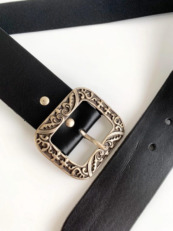 Vintage Black Leather Elastic Waist Belt for Women, Engraved Rectangular Silver Tone Buckle, Elegant Ornate Stretch Sash Belt, Gift for Her
