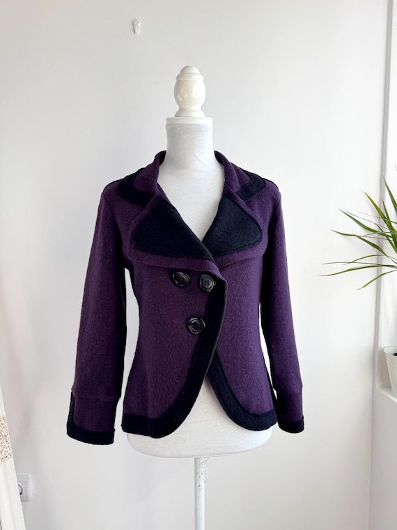 Vintage Italian Boiled Wool Jacket Purple Black 100% Wool Blazer Quintessenza Italy Woollen Lapel Collared Eggplant Cropped Pea Coat Size M