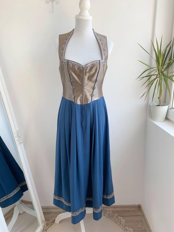 Vintage Navy Blue Dirndl Dress Size S/M, Austrian Bavarian Tyrol Corset Dress, German Oktoberfest Dress, Folk Festival Bodice Maxi Dress