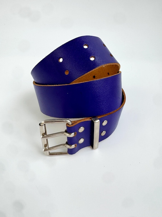 Vintage Purple Leather Belt for Women, 90s Cobalt Blue Double Prong Waist Belt, Wide Genuine Leather Cinch Belt Retro Boho Leather Accessory