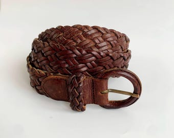 Vintage 90s Woven Brown Leather Silver Buckle Belt/boho  display picture 1