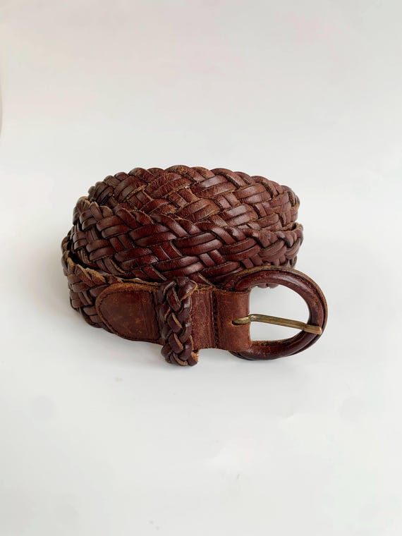 Brown Leather Braided Belt for Women 85 cm / 33.5", Heavily Distressed Boho Western Belt, Woven Vintage 90s Y2K Belt, Leather Gift for Her