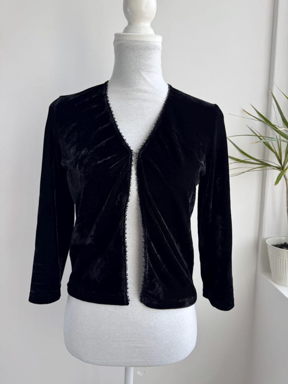 Vintage Black Velvet Bolero Jacket, Beaded Trim Cropped Cardigan, Y2K Evening Shrug, Whimsigoth Coat, Open Front Velvet Blazer Women Size S