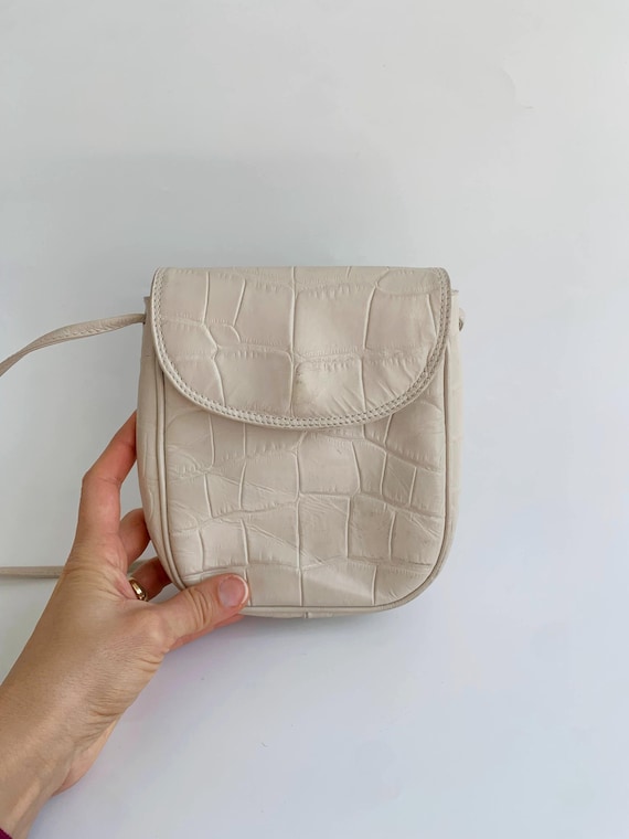 Beige Leather Crossbody Bag for Women, Vintage 90s Small Shoulder Purse, Crocodile Embossed Tiny Leather Satchel, Mini Vertical Handbag