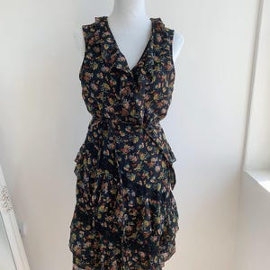 Vintage Linea Tesini Floral Ruffle Dress Size M, 90s Bohemian Mini Dress, Black Chiffon Wrap Dress, Lace Trim, Tiered Skirt, Made in Italy