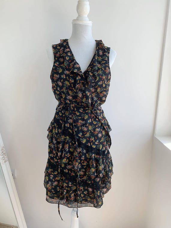Vintage Linea Tesini Floral Ruffle Dress Size M, 90s Bohemian Mini Dress, Black Chiffon Wrap Dress, Lace Trim, Tiered Skirt, Made in Italy