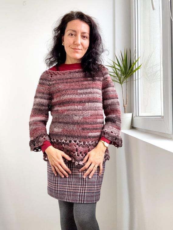 Vintage Hand Crochet Boho Sweater, Striped Earth Tone Wool Blend Pullover, Laced Hem Bohemian Jumper, Rustic Hippie Knit Top Women Size M/L