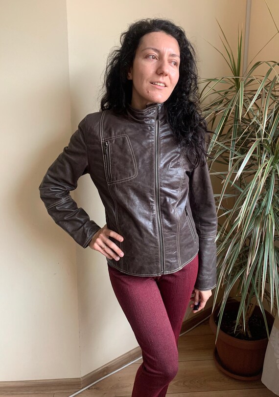 Brown Leather Motorcycle Jacket for Women Size 36 S, Vintage Y2K Genuine Leather Jacket, Cropped Zip Up Leather Blazer, Short Leather Coat