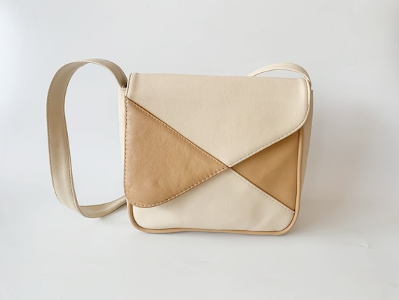 Nude Beige Camel Brown Shoulder Bag for Women, Vintage 90s Short Strap Faux Leather Purse, Vegan Leather Handbag, Vinyl Color block Purse