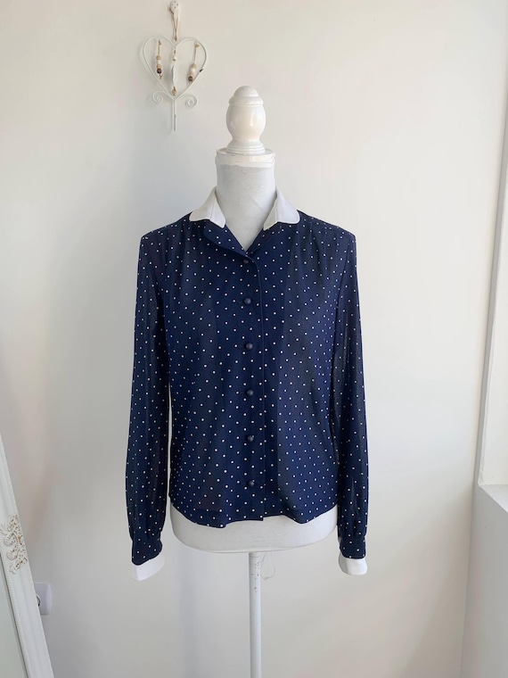 Vintage 80s Polka Dot Blouse, Navy Blue and White Contrast Collar Shirt, Elegant Preppy Long Sleeve Top, von Gassler Retro Blouse Size M