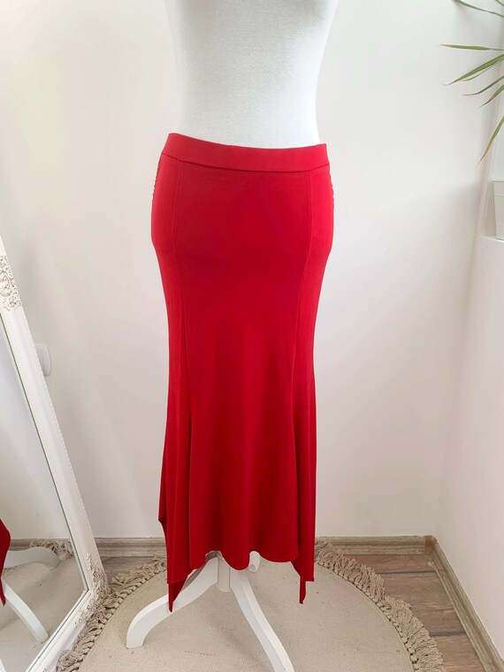 Vintage Red Mermaid Skirt Size S M, Asymmetrical Maxi Skirt, High Waisted Red Skirt, Elastic Waist Stretchy Flare Skirt, Red Tango Skirt