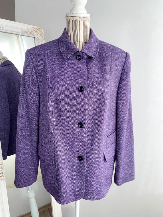 Vintage MARCONA Wool and Silk Purple Tweed Blazer for Women Size L, High Neck Collared Herringbone Wool Coat, Relaxed Fit Spring Fall Jacket