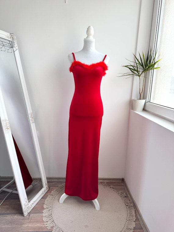 Vintage Feather Trim Grunge Dress, Red Velvet Maxi Dress Size S, 90s Slip Dress, Sleeveless Spaghetti Strap Slim Fit Glamour Evening Gown