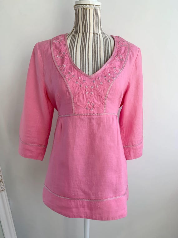 Vintage Y2K Pink Embroidery 100% Linen Top Size 38 M, Relaxed Tie Back Pure Linen Shirt, Gypsy Peasant Blouse, Summer Festival Boho Clothes