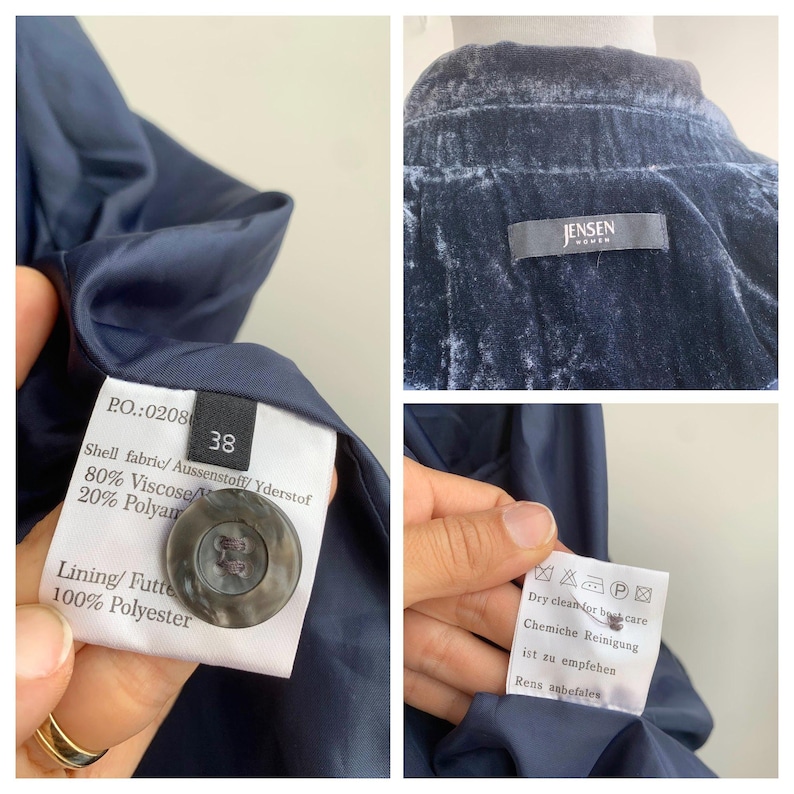 May include: Close-up of a navy blue velvet jacket with a tag that reads "JENSEN WOMEN". The jacket has a button and a tag with fabric composition and size 38. Care instructions are also visible.