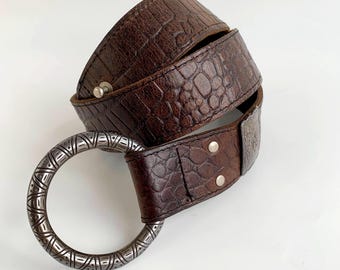 Ceinture Femme Large En Cuir Marron – Fait Main – Boucle Vintage – Taille M