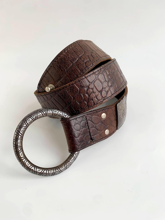 Asymmetrical Wide Leather Belt, V-Shaped Brown Leather Belt, Low Hip Leather Belt With Silver D Ring Buckle, Vintage 90s Drop Waist Belt
