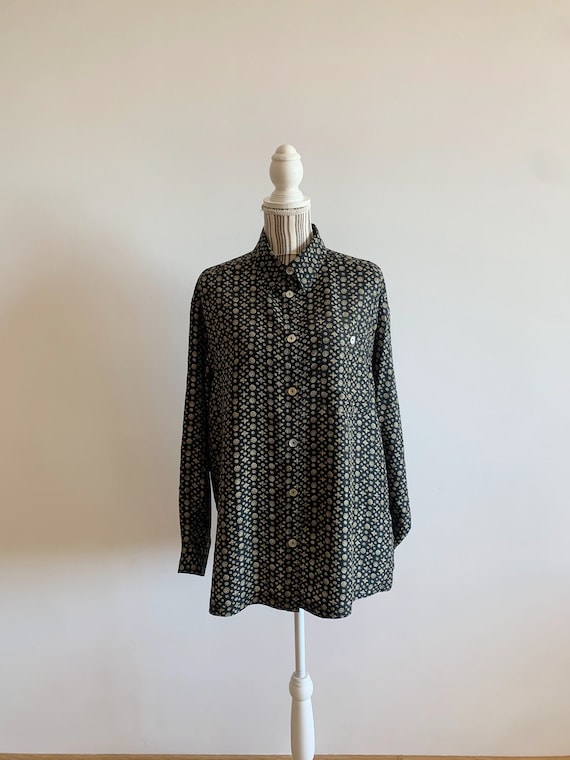 Vintage 90s Black Button Down Pure Silk Shirt for Women Size XL, Long Sleeve 100% Silk Blouse, Loose Fit Natural Silk Collared Shirt