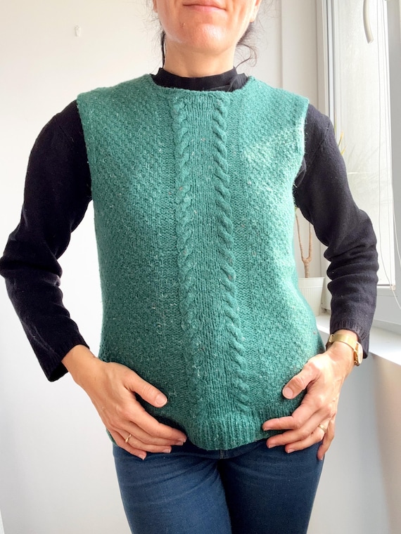 Vintage Emerald Green Tweed Knit Sweater Vest, Wool Cable Knit Pullover, Retro Knitted Sleeveless Sweater, Boho Flecked Handknit Tank Top