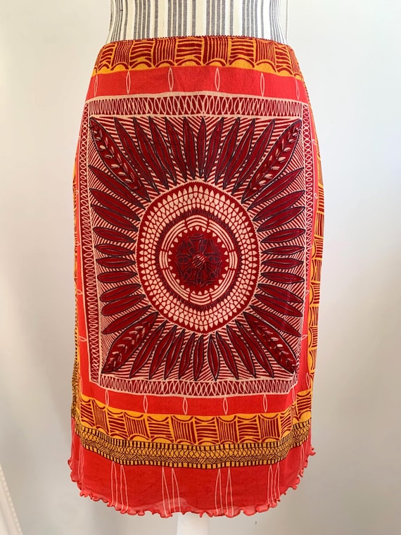 Vintage 90s Y2K Marc Aurel Mini Skirt Size 38 S, Orange Red Mandala Boho Skirt, Short Stretchy Grunge Skirt, Bold Bright Beaded Summer Skirt