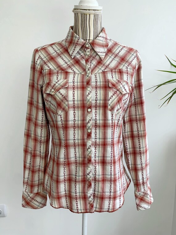 Vintage Boho Tribal Button Up Shirt for Women Size 38 S/M, Casual Aztec Western Plaid Cotton Blouse, Long Sleeve Cottagecore Collared Top