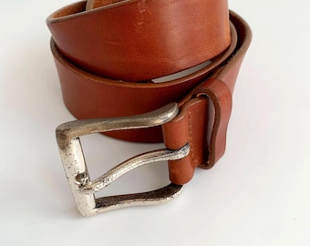 Vintage Y2K Brown Leather Belt 90 cm / 35", Thick Leather Waist Belt With Slim Rectangular Buckle, Wide Waist Belt, Unisex Plain Jeans Belt