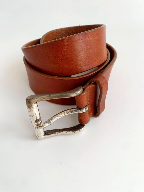 Vintage Y2K Brown Leather Belt 90 cm / 35", Thick Leather Waist Belt With Slim Rectangular Buckle, Wide Waist Belt, Unisex Plain Jeans Belt