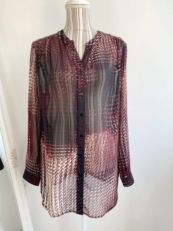Vintage Sheer Button-up Shirt for Women Size L, Grunge Mesh V Neck Blouse, Roll Up Long Sleeve Office Wear, Burgundy Black See Through Top