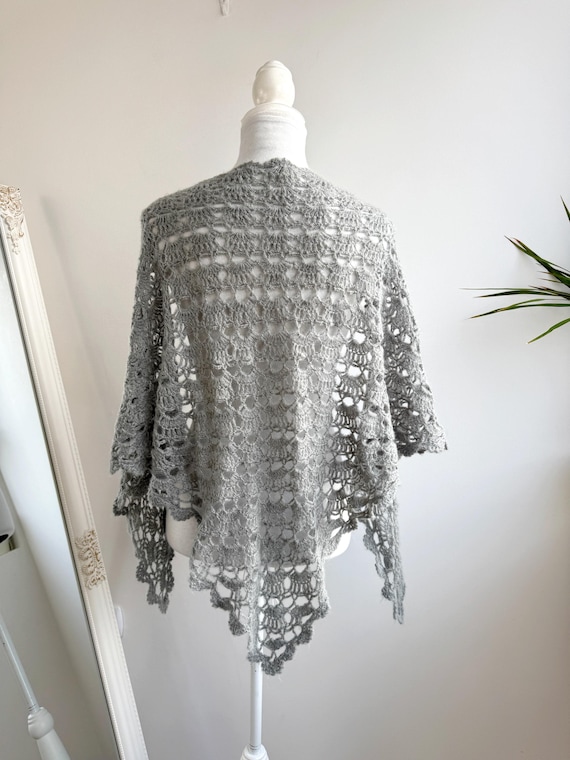 Vintage Lace Mohair Shawl, Soft Grey Crochet Triangle Wrap, Boho Wedding Cover Up, Cottagecore Romantic Scarf, Pre Loved Winter Gift for Her