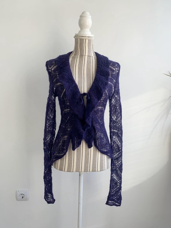 Vintage Max&Co Navy Blue Knitted Cardigan S, Sheer Openwork Cardigan, Lace Fishnet Bolero, Long Sleeve Mesh Knitted Sweater, Gift for Her