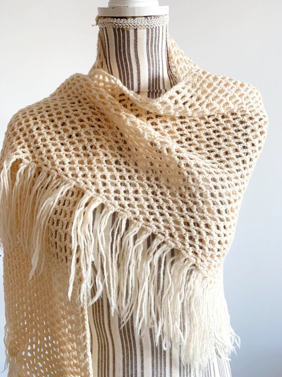 Vintage Ecru Crochet Shawl With Tassels, Cream Wi… - image 8
