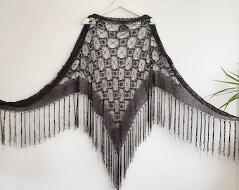 エレガントなイブニングラップショール、ダークブラウンのクロシェ