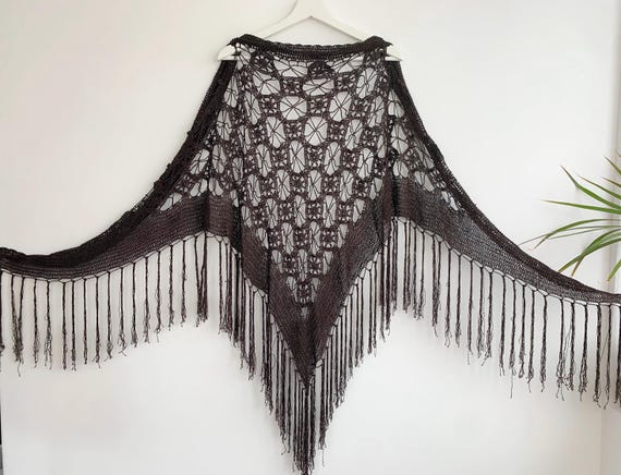 Elegant Evening Wrap Shawl, Dark Brown Crochet Lace Shawl, Vintage Statement Fringed Scarf, Shoulder Capelet, Viscose Silk Triangle Shawl