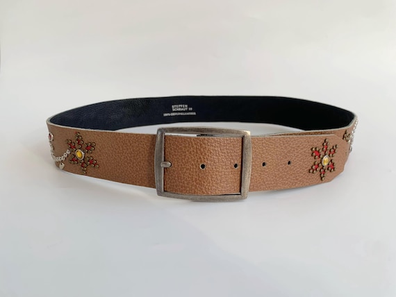 Vintage Heavily Studded Camel Brown Leather Belt 95 cm 37", Boho Hippie Floral Jeans Belt for Women, Silver Brass Studs Festival Waist Belt
